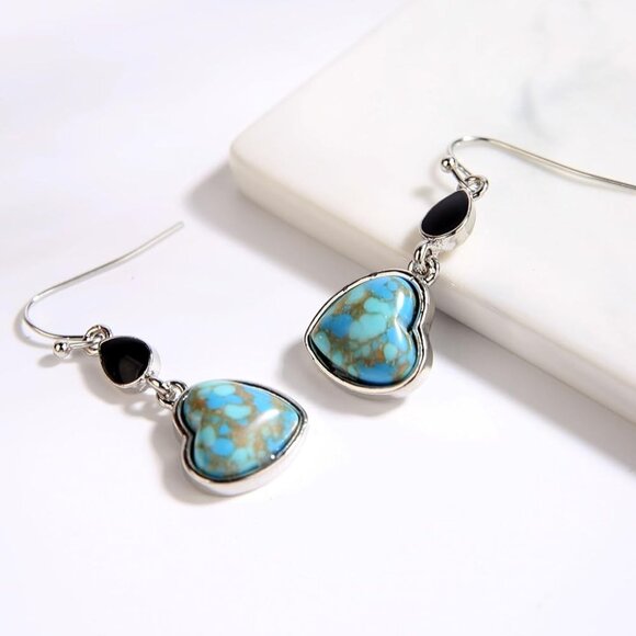 New Womens Turquoise & Onyx Silver Dangle Earrings - Picture 2 of 3